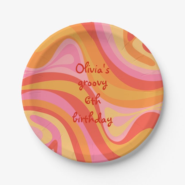New Groove Retro Abstract Pink Orange Personalized Paper Plate (Front)