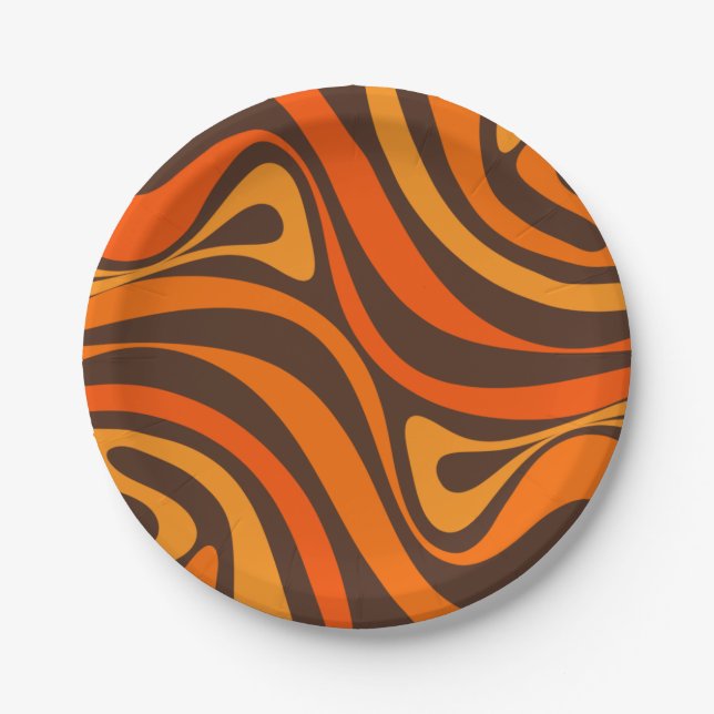 New Groove Retro Swirl Abstract Pattern 70s Orange Paper Plate (Front)