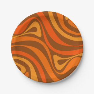 New Groove Trippy Retro 70s Orange Brown Abstract Paper Plate