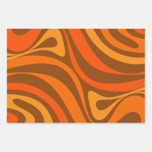 New Groove Trippy Retro 70s Orange Brown Abstract  Wrapping Paper Sheet