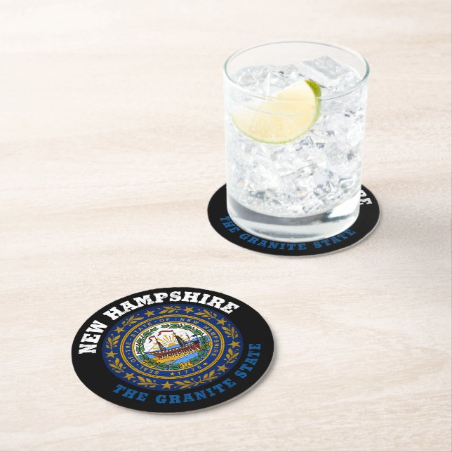 NEW HAMPSHIRE GRANITE STATE FLAG ROUND PAPER COASTER (Insitu)