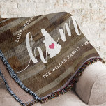 New Hampshire Home State Personalized Wood Look Throw Blanket<br><div class="desc">Show some home state pride with this cute rustic faux wood plank throw blanket featuring "home" in white calligraphy script lettering with a silhouette map of the state of New Hampshire standing in for the letter "O." A pink heart illustration inside the state map completes the design; you can change...</div>