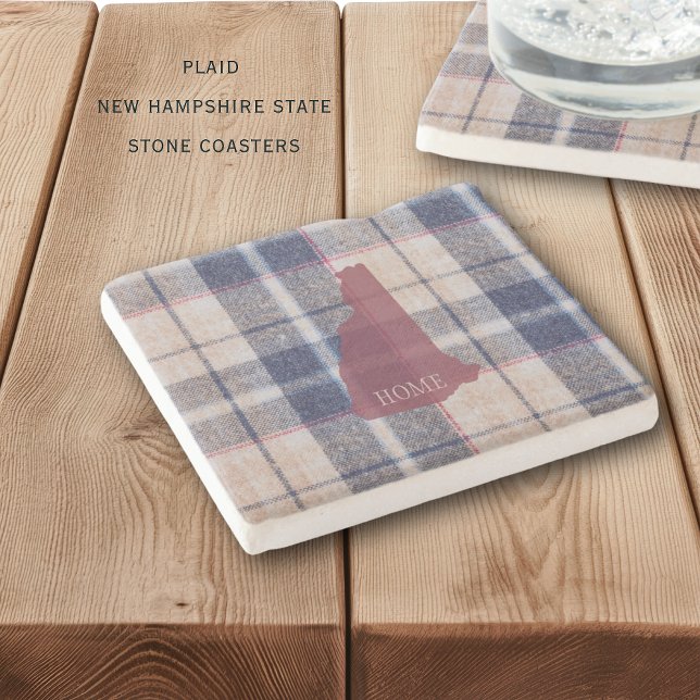 New Hampshire Plaid Personalized Stone Coaster (Beautiful stone coasters with New Hampshire and fuzzy plaid backround, personalized)