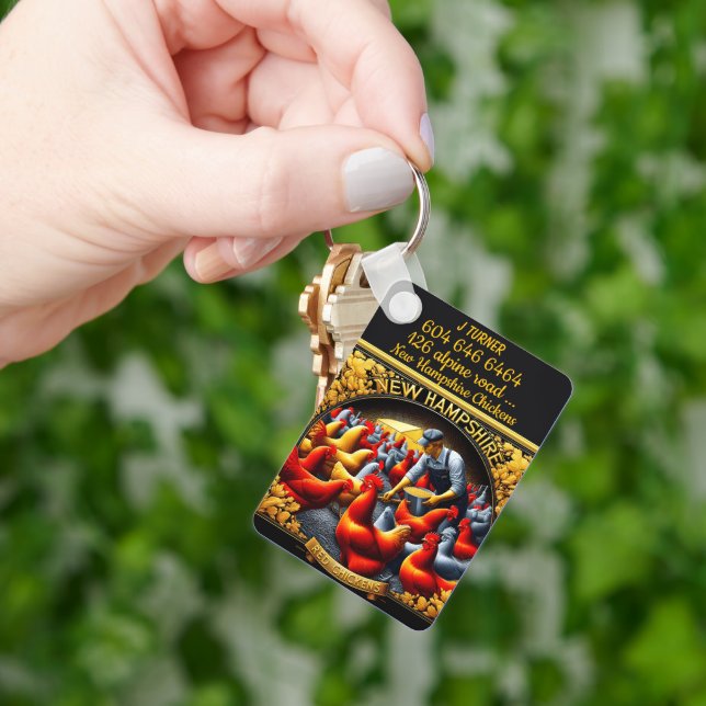 New Hampshire Red Chickens in a Coop Keychain (Hand)