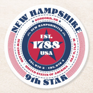 New Hampshire Red White Blue Typography Round Paper Coaster