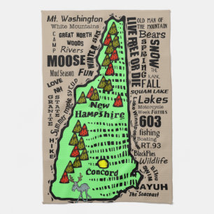New Hampshire State Map Cartoon Kitchen Towel