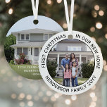New Home Address 1st Christmas 2 Photo Black White Metal Ornament<br><div class="desc">Celebrate the joy of your new place with a custom two photo "First Christmas in our New Home" black and white round metal ornament. All pictures and wording on this template are simple to personalize. (IMAGE & TEXT DESIGN TIPS: 1) To adjust position of text, add spaces at beginning or...</div>