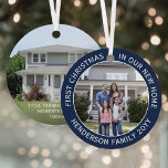 New Home Address 1st Christmas 2 Photo Navy Blue Metal Ornament<br><div class="desc">Celebrate the joy of your new place with a custom two photo "First Christmas in our New Home" navy blue and white round metal ornament. All pictures and wording on this template are simple to personalize. (IMAGE & TEXT DESIGN TIPS: 1) To adjust position of text, add spaces at beginning...</div>