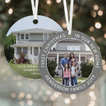 New Home Address 1st Christmas Simple 2 Photo Grey Metal Ornament<br><div class="desc">Celebrate the joy of your new place with a custom two photo "First Christmas in our New Home" grey and white round metal ornament. All pictures and wording on this template are simple to personalize. (IMAGE & TEXT DESIGN TIPS: 1) To adjust position of text, add spaces at beginning or...</div>