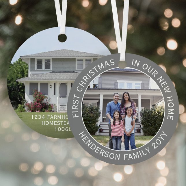 New Home Address 1st Christmas Simple 2 Photo Grey Metal Ornament (Creator Uploaded)