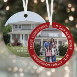 New Home Address 1st Christmas Simple 2 Photo Red Metal Ornament<br><div class="desc">Celebrate the joy of your new place with a custom two photo "First Christmas in our New Home" red and white round metal ornament. All pictures and wording on this template are simple to personalize. (IMAGE & TEXT DESIGN TIPS: 1) To adjust position of text, add spaces at beginning or...</div>