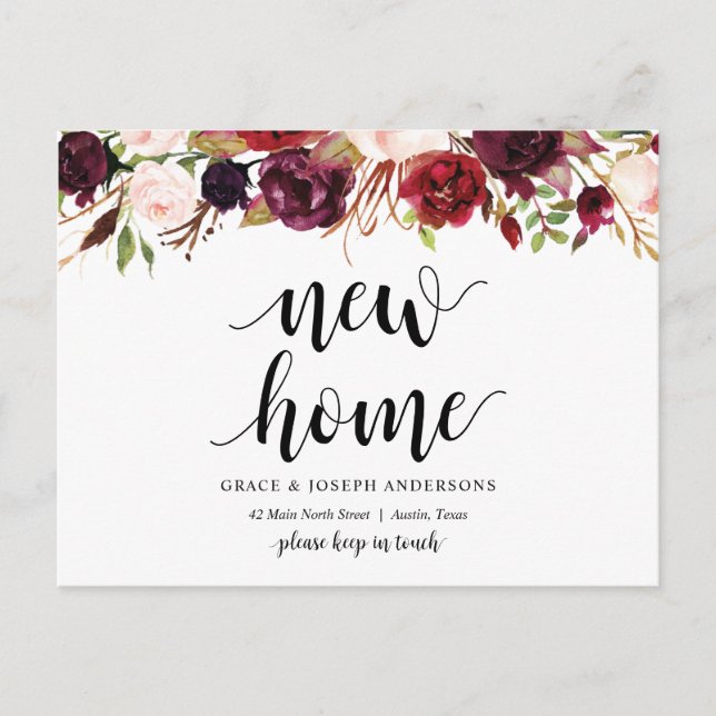 New Home Address, burgundy floral, Announcement Postcard (Front)