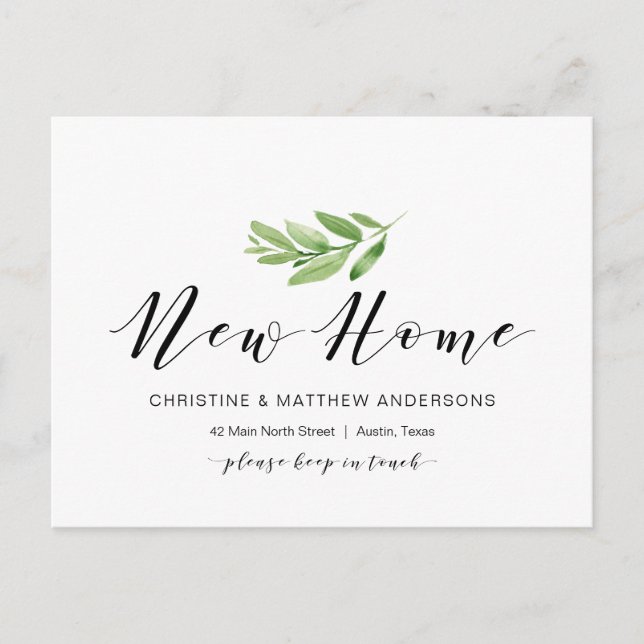 New Home Address, Greenery, Moving Announcement Postcard (Front)