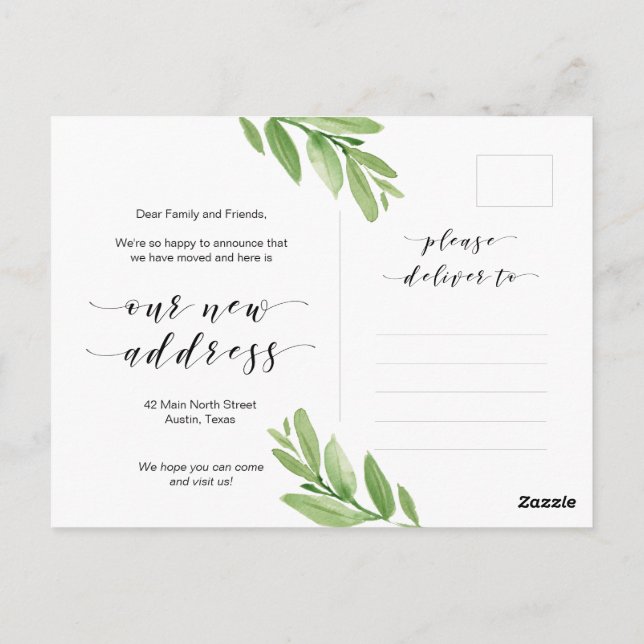 New Home Address, Greenery, Moving Announcement Postcard (Back)