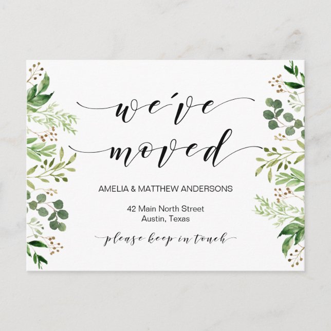 New Home Address, Greenery, Moving Announcement Postcard (Front)