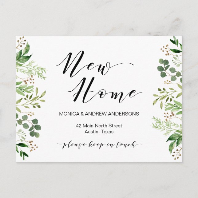 New Home Address, Greenery, Moving Announcement Postcard (Front)