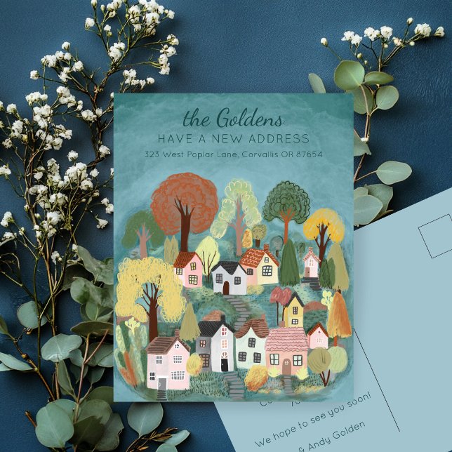 New Home Address Moving Cute Country Village Art Postcard (New Home Address Moving Cute Country Village Art Postcard
)
