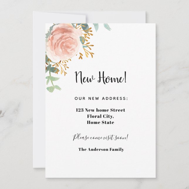 New home address rose gold floral eucalyptus announcement (Front)
