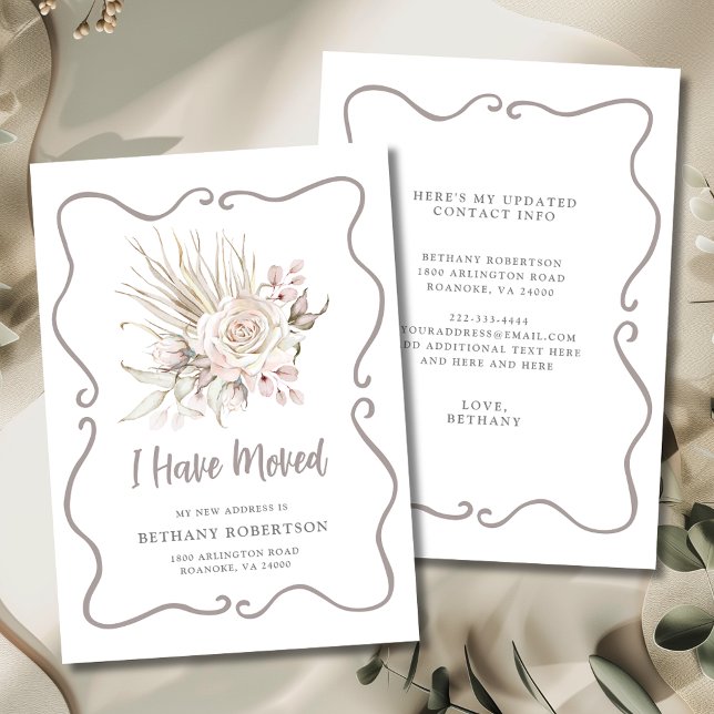 New Home Blush Pink Roses Moving Announcement (I Have Moved Boho Blush Pink Roses with Eucalyptus New Address Flat Card)