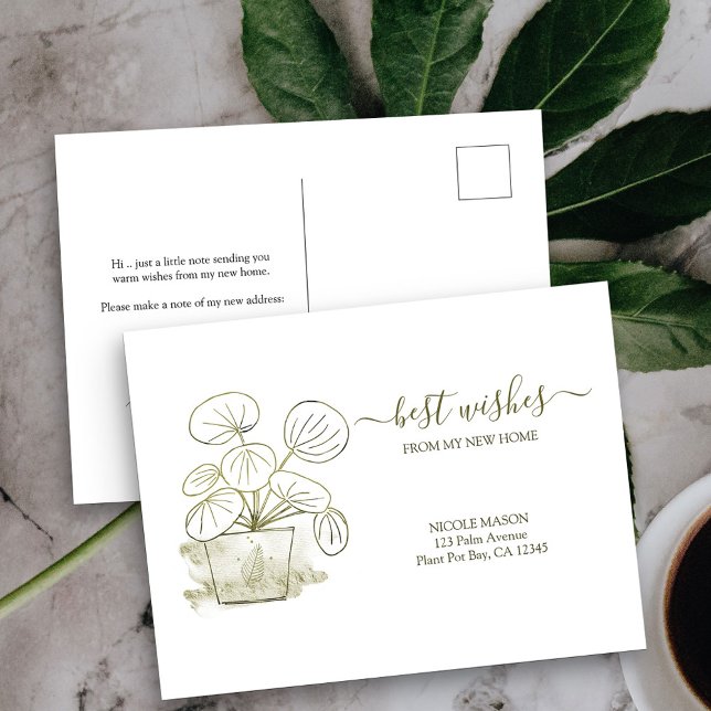New Home Chinese Money Plant Moving Announcement Postcard (New Address postcard with watercolor line art potted plant design)