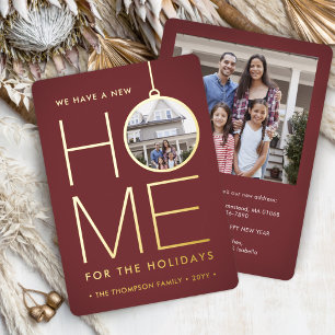 New Home Christmas Ornament Modern Red 2 Photo Foil Holiday Card