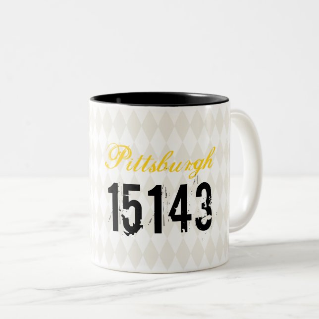 New Home CITY ZIP CODE Moving Harlequin Diamonds Two-Tone Coffee Mug (Front Right)