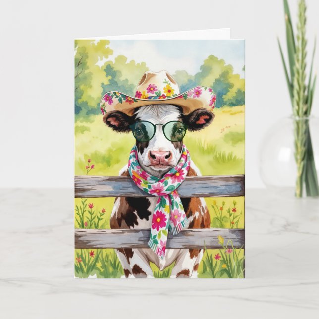 New Home Cow Wearing Glasses and a Hat Card (Front)