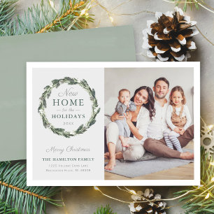 New Home Elegant Neutral Grey Green Wreath Photo Holiday Card