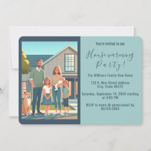 New Home Family Photo Blue Housewarming Invitation