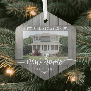New Home First Christmas 1 Photo Faux Grey Wood Glass Ornament