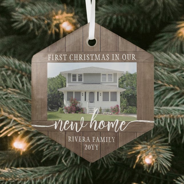 New Home First Christmas 1 Photo Rustic Faux Wood Glass Ornament (Creator Uploaded)