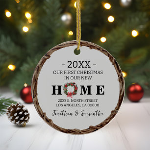 New Home First Christmas Wreath Photo Double Sided Ceramic Ornament