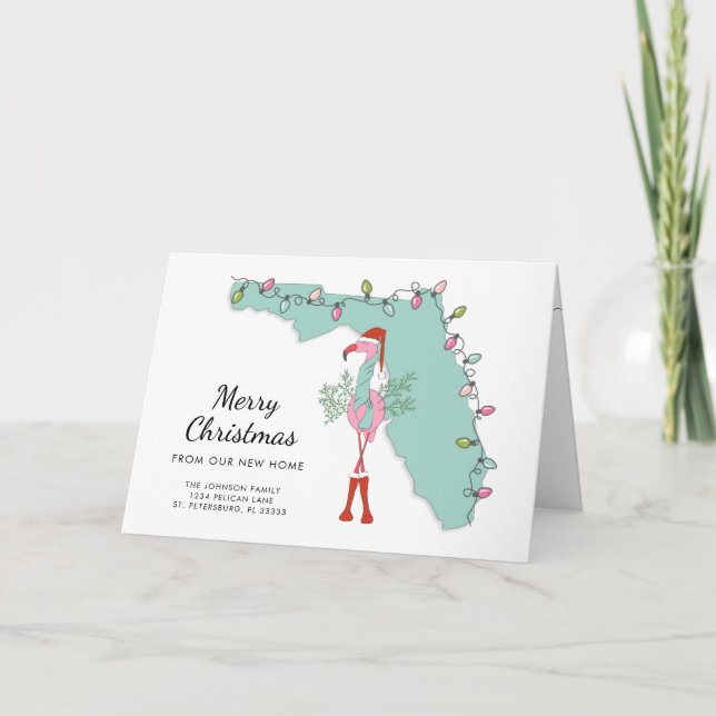 New Home Florida Map Christmas Flamingo Moving Holiday Card (Front)