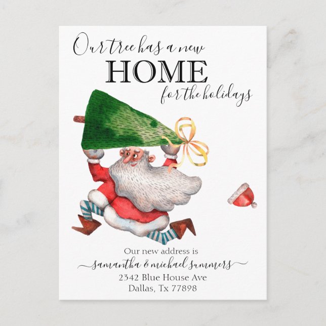 New Home for Holidays Santa Tree Funny Announcement Postcard (Front)