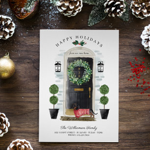 New Home For the Holidays Black Watercolor Door Holiday Card