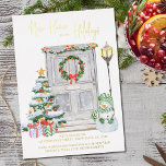 New Home for the Holidays Door Number Gold Foil Holiday Card<br><div class="desc">Luxury gold foil, all in one holiday moving announcement and christmas card personalized with your new address and christmas greeting. It is lettered in gold foil with New Home for the Holidays in casual handwriting. The watercolor design features a festive front door with wreath, your door number, christmas tree, presents,...</div>