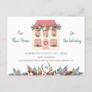 New home for the holidays pink house red moving announcement postcard