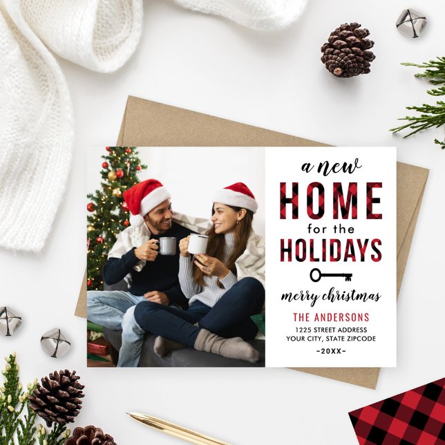 New Home for the Holidays Red Buffalo Plaid Photo Holiday Card (Creator Uploaded)