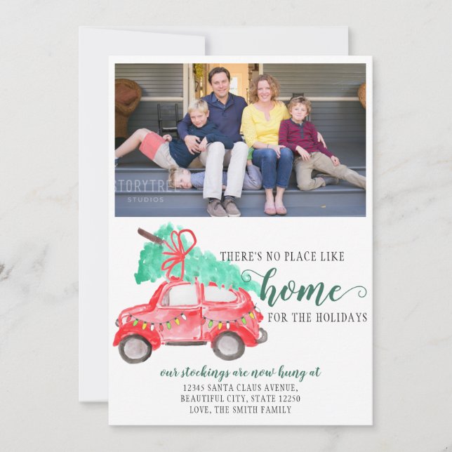 New Home for the Holidays Red Car Photo Moving Announcement (Front)