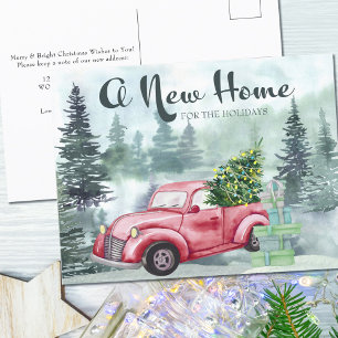 New Home for the Holidays Red Truck Misty Forest Holiday Postcard