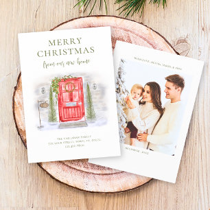 New Home For the Holidays Red Watercolor Door Holiday Card