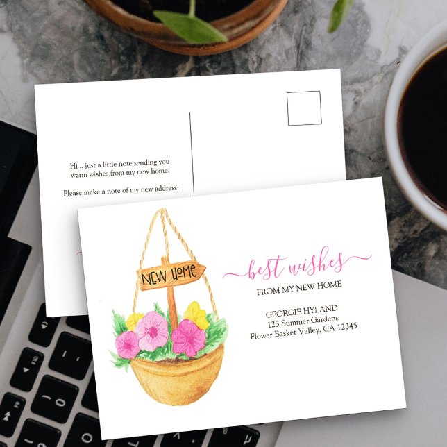 New Home Hanging Basket Moving Announcement Postcard (New Address postcard with hanging basket of flowers)