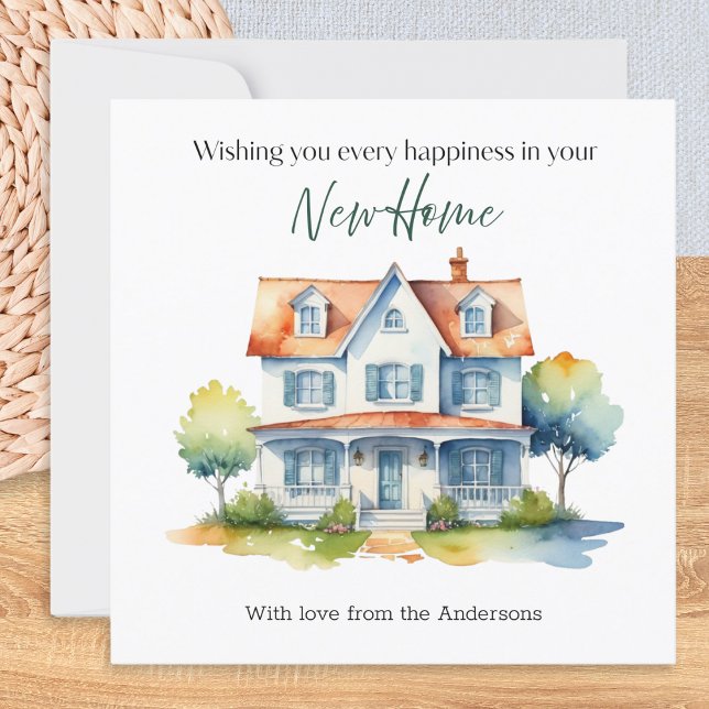 New Home Happiness Watercolor Personalized Card (A personalized card in a watercolor style, to wish friends or family happiness in their new Home)