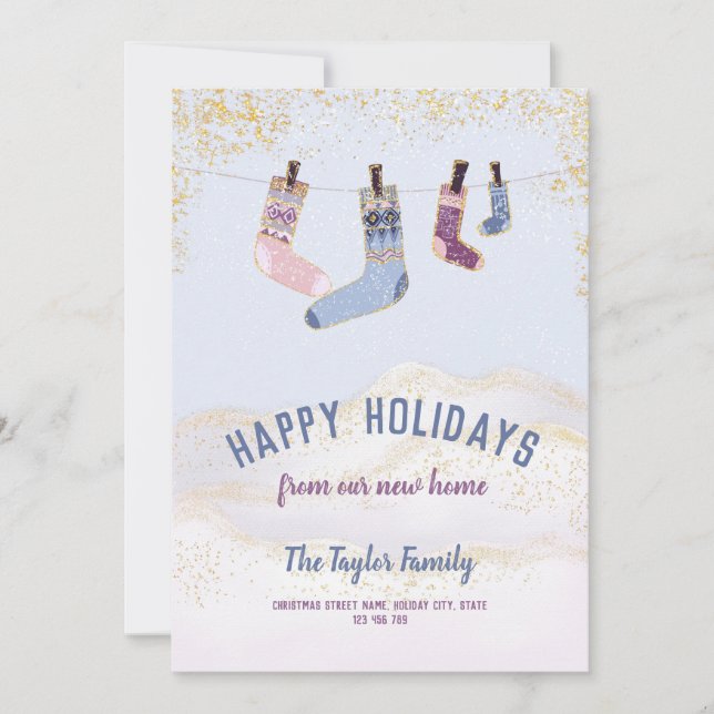 New Home Happy Holidays Christmas Socks Winter  Ho Holiday Card (Front)