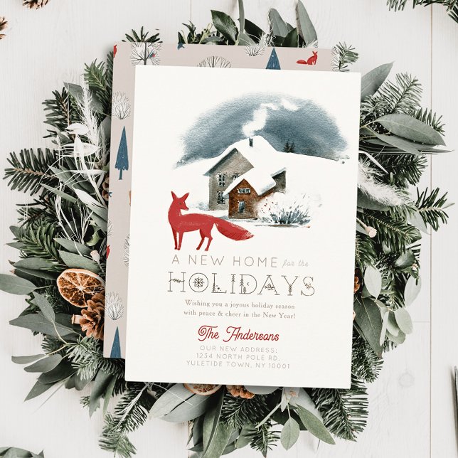 New Home House Fox Winterscape Christmas Holiday Card (Creator Uploaded)