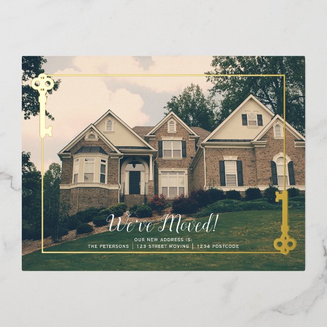 New Home key moving gold Upload your photo Foil Invitation Postcard (Front)