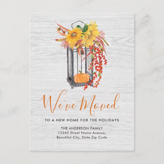 New Home Moved Thanksgiving Floral Pumpkin Moving  Holiday Postcard (Front)