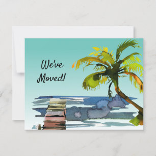 New Home Palm Tree Waterfront Dock Aqua Moving Announcement