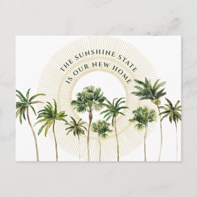New Home Palm Trees Gold Sun Sunshine State Moving Announcement Postcard (Front)