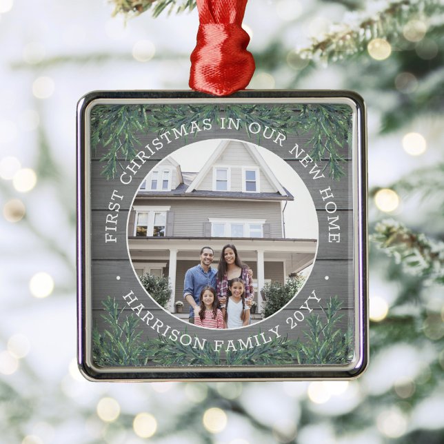 New Home Photo 1st Christmas Faux Gray Wood & Pine Metal Ornament (Creator Uploaded)